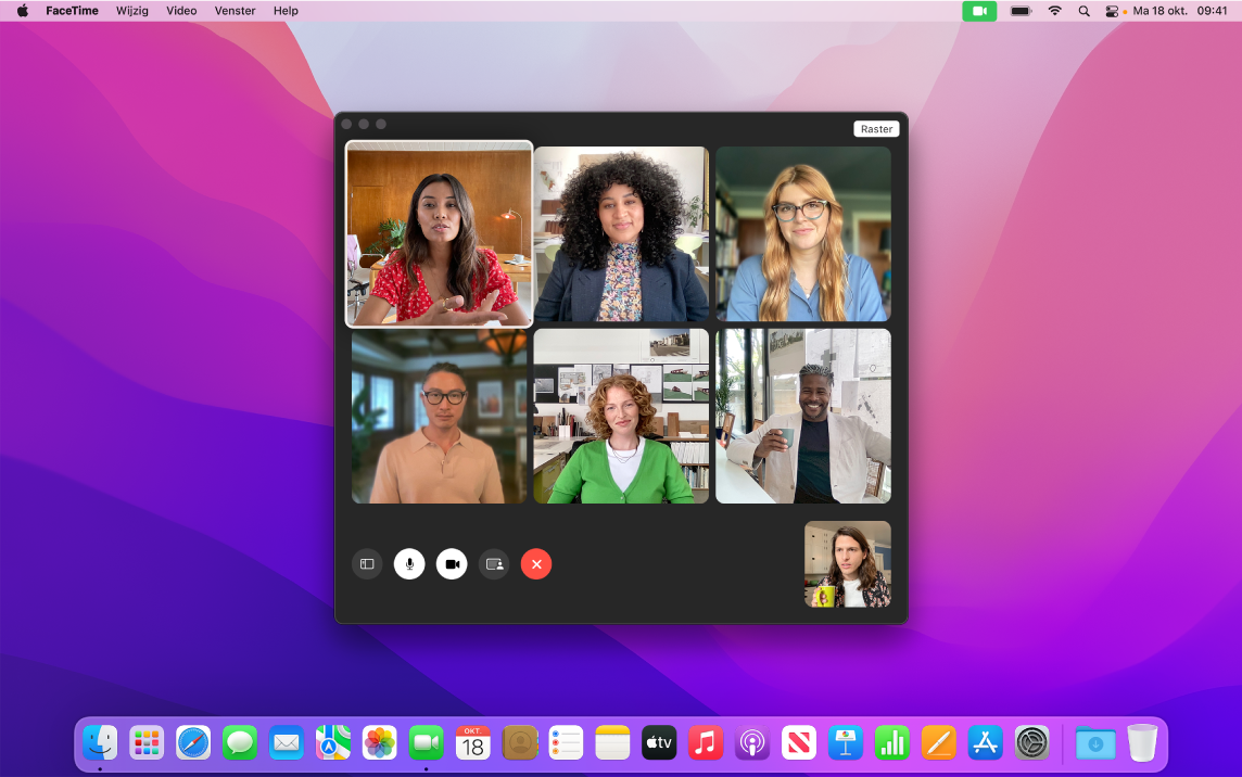 Een FaceTime-venster met een groep uitgenodigde gebruikers.
