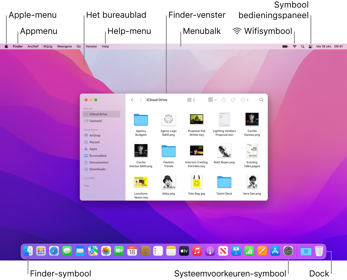 Een Mac-scherm met het Apple-menu, het appmenu, het bureaublad, het Help-menu, het Finder-venster, de menubalk, het wifistatussymbool, het bedieningspaneelsymbool, het Finder-symbool, het Systeemvoorkeuren-symbool en het Dock.