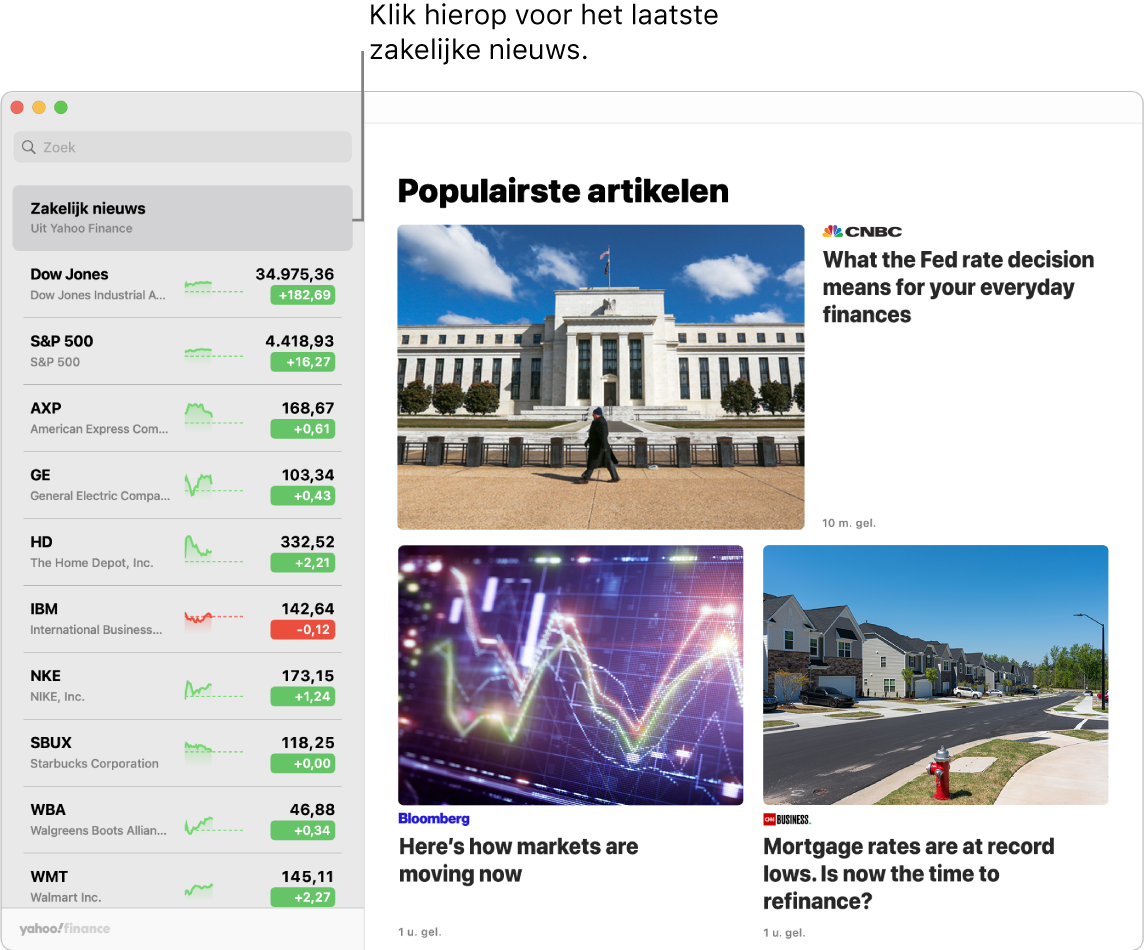 Het Aandelen-dashboard met actuele koersen in een volglijst met bijbehorende populairste artikelen.
