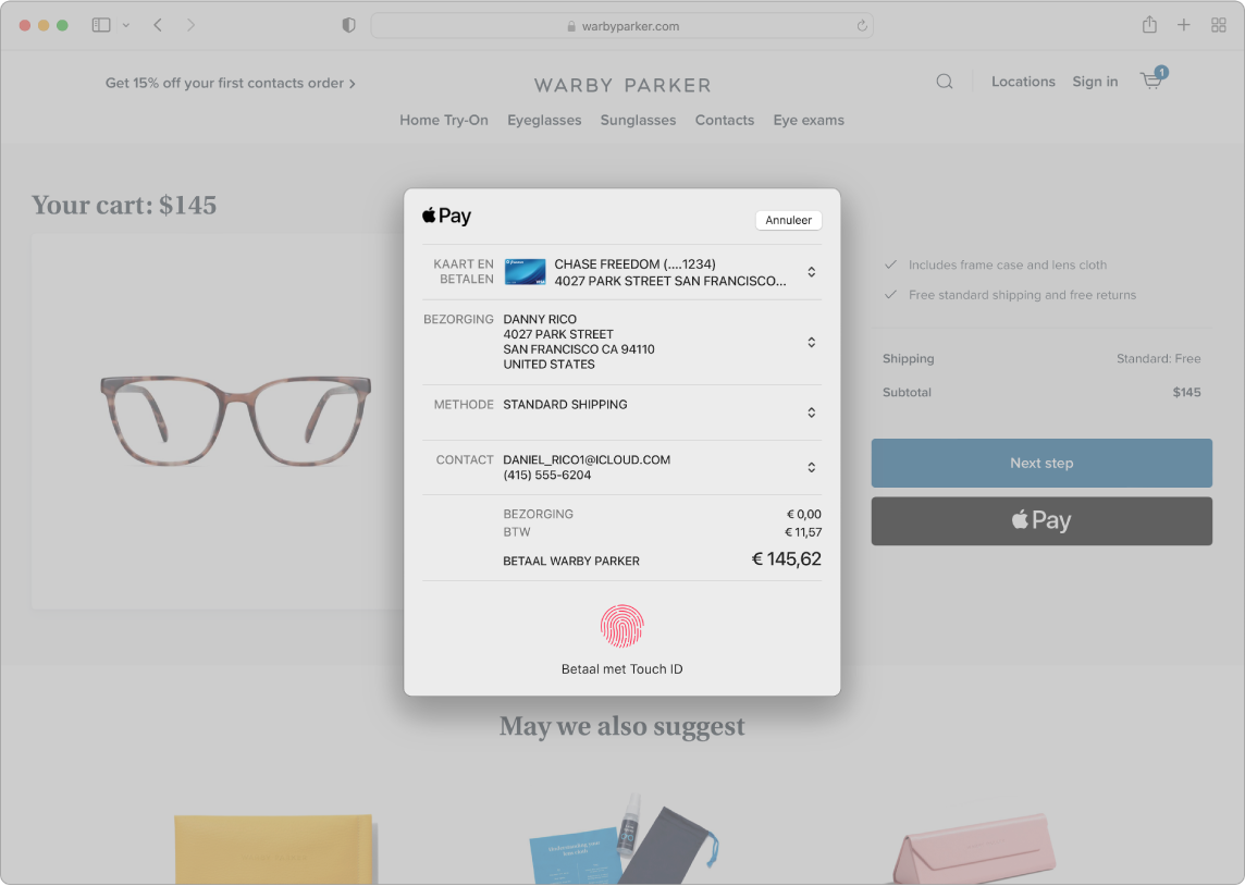 Een Mac-scherm met een onlineaankoop in Safari waarbij de Apple Pay-optie wordt gebruikt.