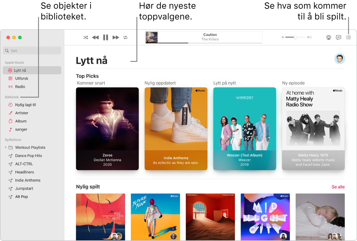 Et Musikk-appvindu som viser hvordan du kan vise biblioteket, lytte til Apple Music og se neste sang.