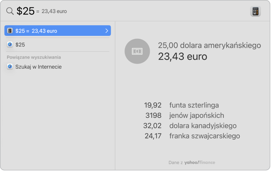 Zrzut ekranu przedstawiający konwersję dolarów na pesos. Najcelniejsze trafienie to konwersja, a poniżej widocznych jest kilka wyników do wyboru.
