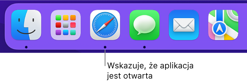 Fragment Docka z czarnymi kropkami pod ikonami otwartych aplikacji.