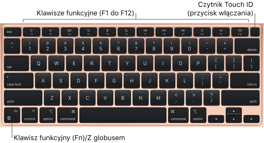 Klawiatura MacBooka Air. Na górze znajduje się rząd klawiszy funkcyjnych oraz przycisk włączania Touch ID, natomiast w lewym dolnym rogu widoczny jest klawisz funkcji (Fn).
