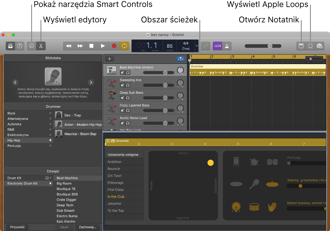 Okno aplikacji GarageBand z opisami przycisków narzędzi Smart Controls, edytorów, notatek i Apple Loops. Widoczny jest także obszar ścieżek.