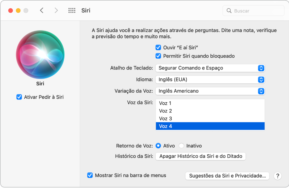 Janela de preferências da Siri com a opção “Ativar Pedir à Siri” selecionada à esquerda e várias opções para personalização da Siri, à direita, incluindo “Ouvir ‘E aí Siri’”.