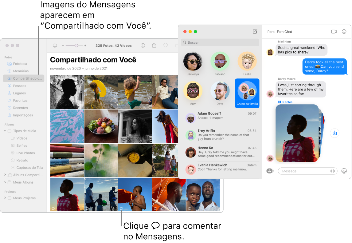 Uma conversa no app Mensagens à direita com uma pilha de fotos e a seção “Compartilhado com Você” de uma janela do app Fotos mostrando as fotos compartilhadas a partir do app Mensagens.