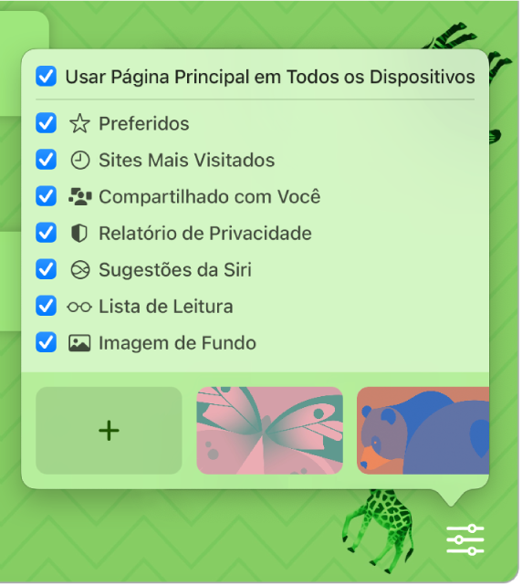 Menu local “Personalizar o Safari” com caixas de seleção para Favoritos, Mais Visitados, Relatório de Privacidade, Sugestões da Siri, Lista de Leitura e Imagem de Fundo.