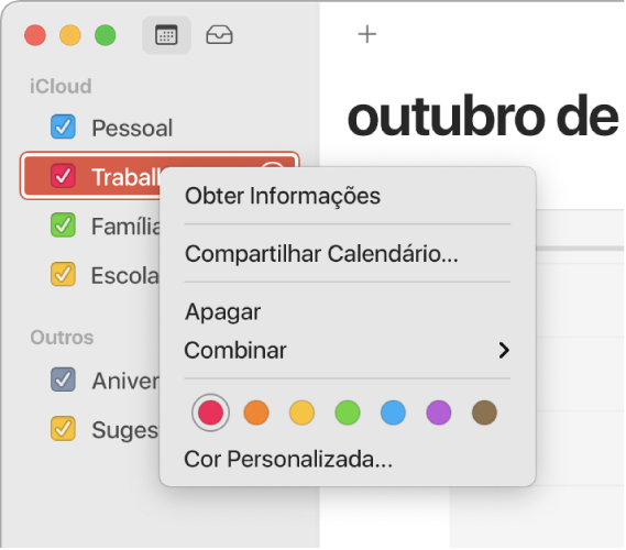 Menu de atalho do Calendário, com opções de cores para personalizar a cor de um calendário.