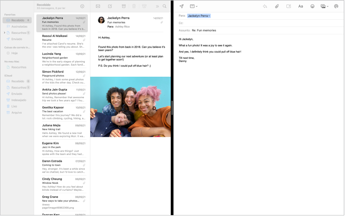 Uma janela do Mail em ecrã dividido, com duas mensagens lado a lado.