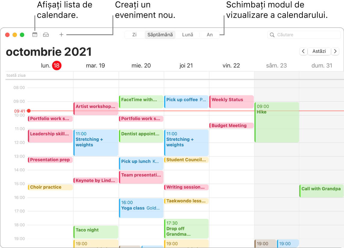 O fereastră Calendar care afișează lista calendarelor, cum să creați un eveniment și cum alegeți vizualizarea Zi, Săptămână, Lună sau An.