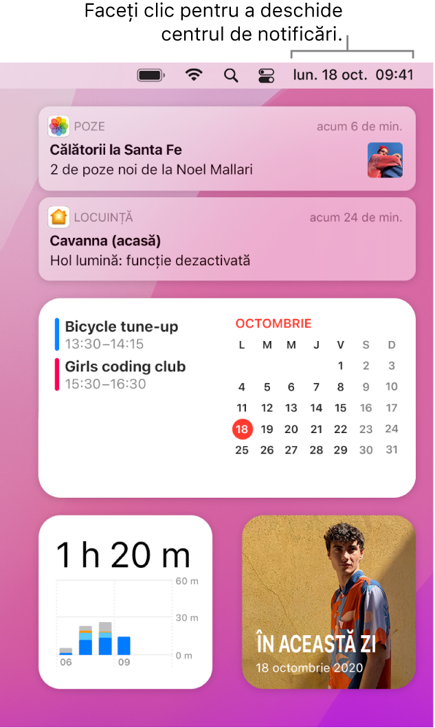 Centrul de notificări cu notificări și widgeturi pentru Poze, Locuință, Calendar și Timp de utilizare.