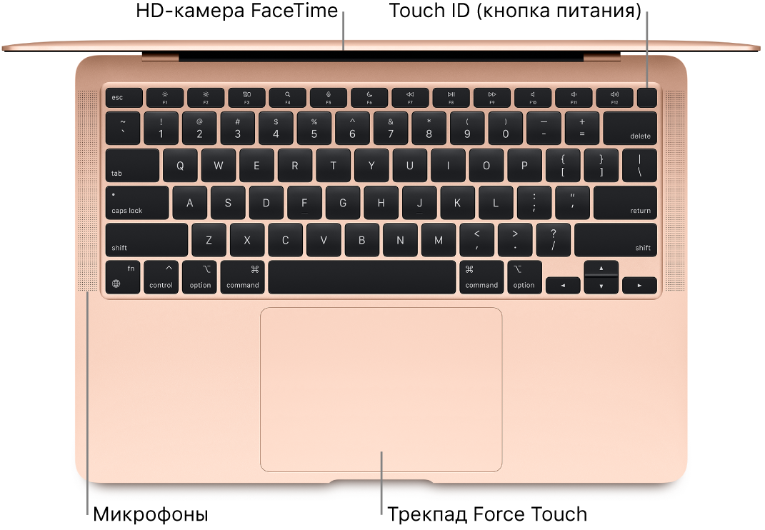 MacBook Air, вид сверху. Показаны камера FaceTime HD, кнопка Touch ID (кнопка питания), микрофоны и трекпад Force Touch.