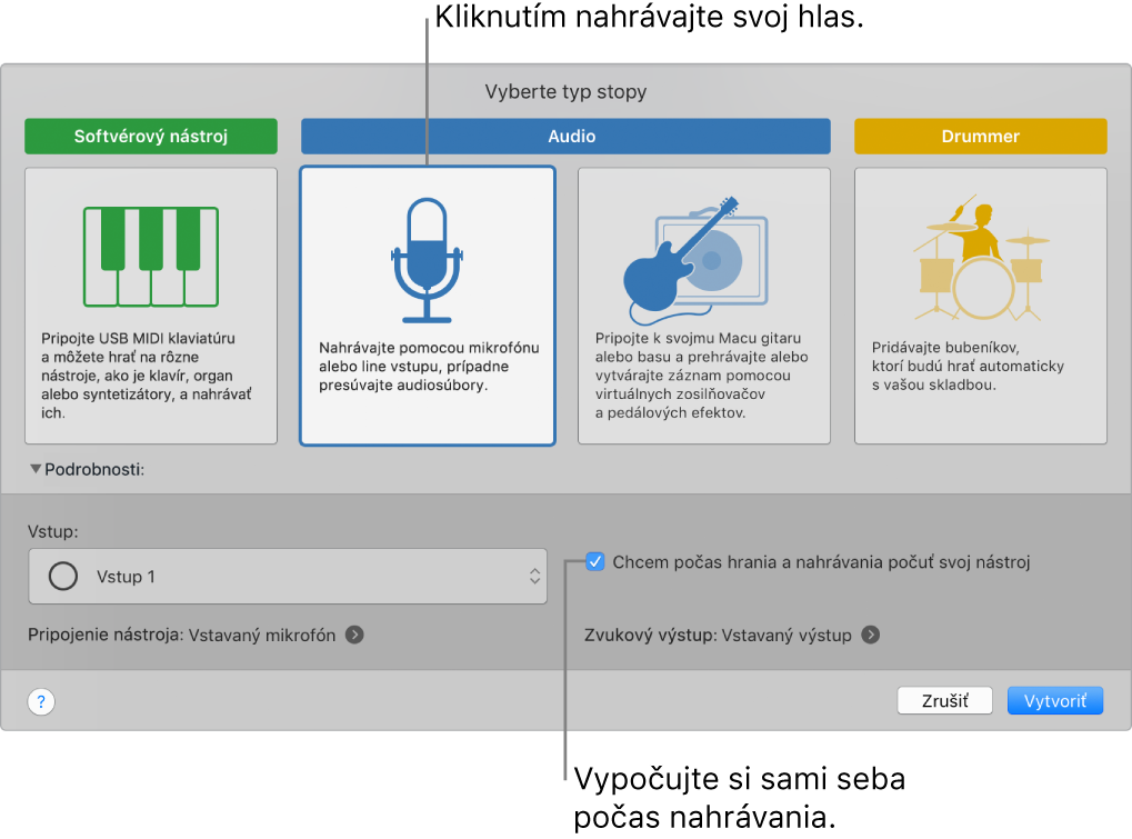 Panel s nástrojmi aplikácie GarageBand s položkou, na ktorú treba kliknúť, ak chcete nahrávať hlas, a so znázornením, ako si vypočujete, čo nahrávate.