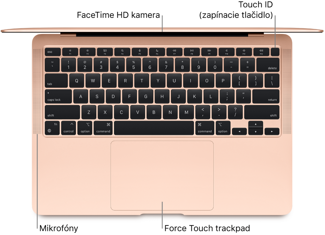 Pohľad zhora na otvorený MacBook Air s popismi FaceTime HD kamery, Touch ID (zapínacieho tlačidla), mikrofónov a Force Touch trackpadu.