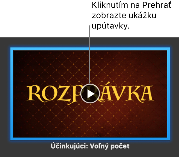 Obrazovka upútavky aplikácie iMovie s tlačidlom Prehrať.