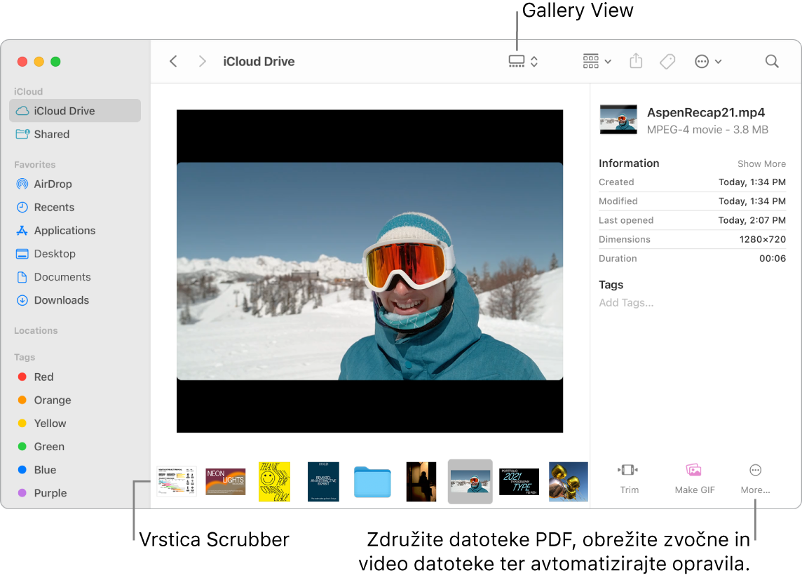 Odprto okno aplikacije Finder v pogledu Gallery prikazuje veliko fotografijo, pod njo pa je vrstica z manjšimi fotografijami – vrstica za upravljanje. Na desni strani vrstice za upravljanje so upravljalni elementi za obračanje, označevanje in dodatne funkcije.