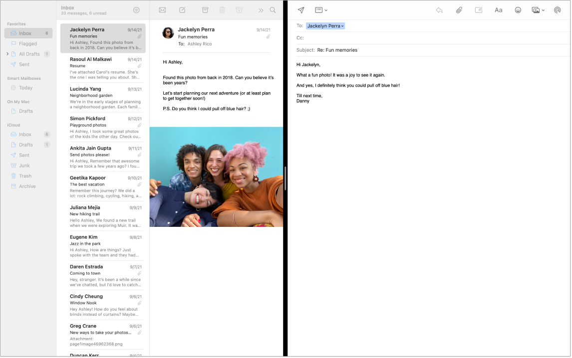 Okno aplikacije Mail v razdeljenem pogledu, v katerem sta vzporedno prikazani dve sporočili.