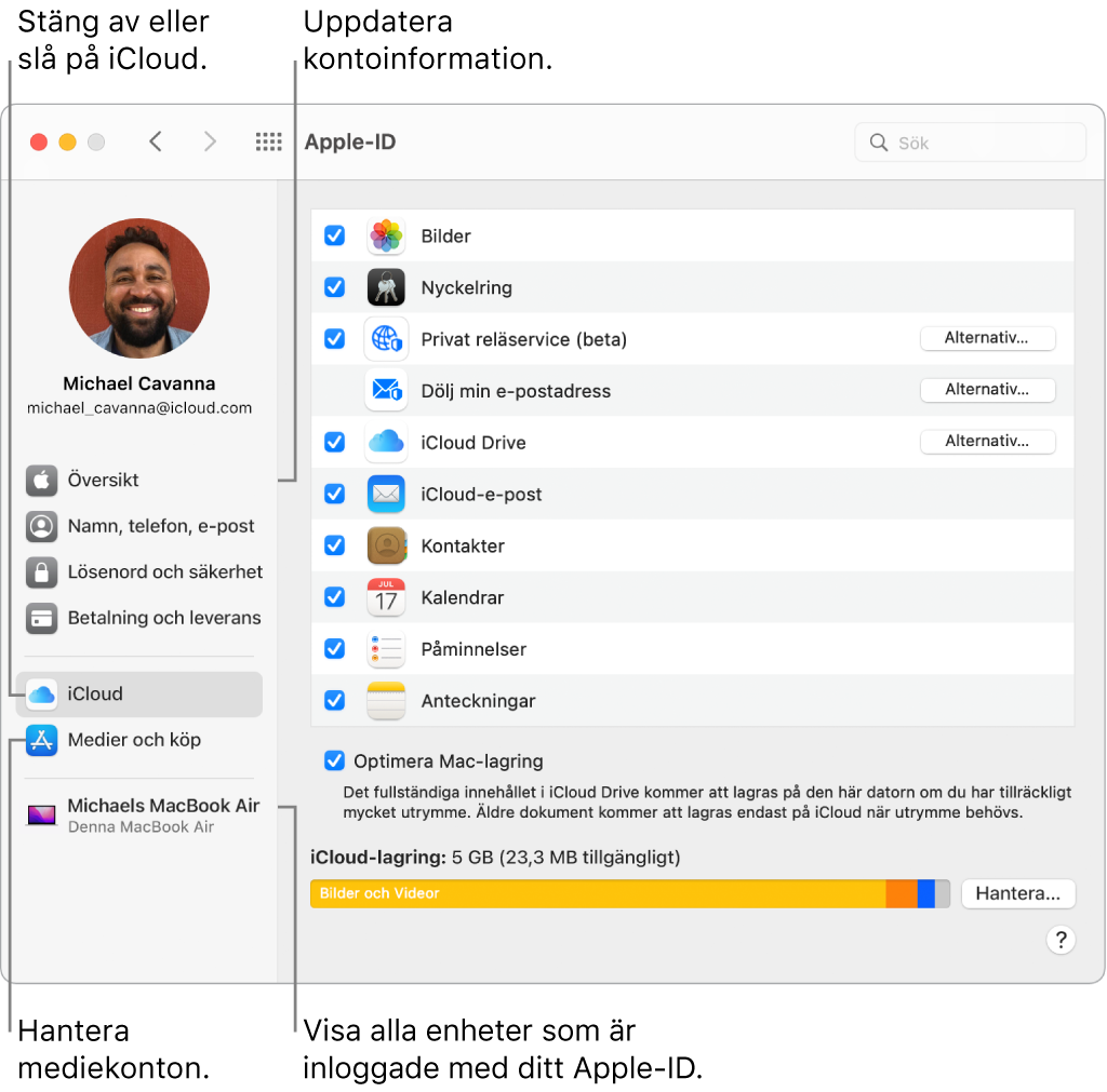 Panelen Apple‑ID i Systeminställningar. Klicka på ett objekt i sidofältet för att uppdatera din kontoinformation, slå på eller stänga av iCloud, hantera mediekonton och se alla enheter där du är inloggad med ditt Apple‑ID.
