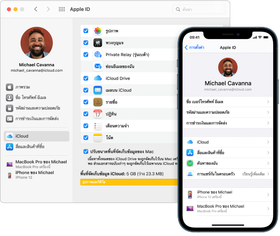 การตั้งค่า iCloud บน iPhone และหน้าต่าง iCloud บน Mac