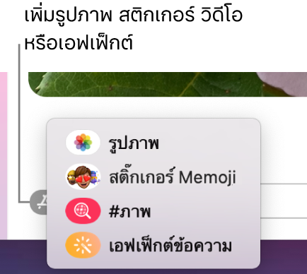 เมนูแอปที่มีตัวเลือกสำหรับการแสดงรูปภาพ, สติกเกอร์ Memoji, GIF และเอฟเฟ็กต์ข้อความ