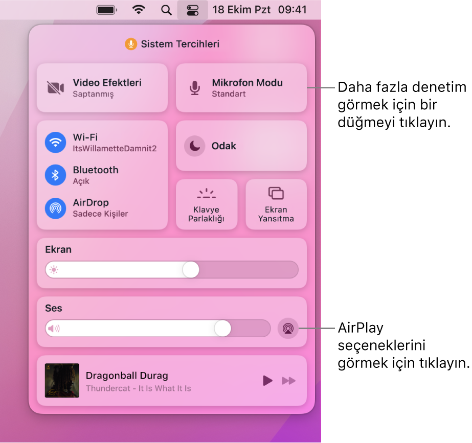 Mac’inizdeki Denetim Merkezi’nin Ekran düğmesine bir belirtme çizgisiyle büyütülmüş görüntüsü.