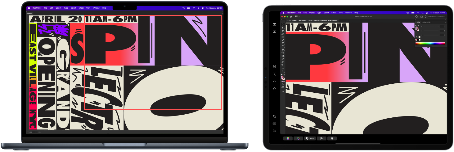 MacBook Air та iPad поруч. На MacBook Air показано рисунок у вікні навігатора програми Illustrator. На iPad показано той самий рисунок у вікні документа Illustrator, який оточено панелям інструментів.
