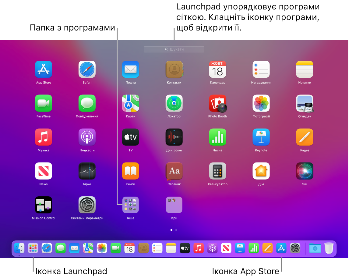 Екран Mac і вікно Launchpad, папка з програмами в Launchpad, іконки Launchpad і App Store на панелі Dock.