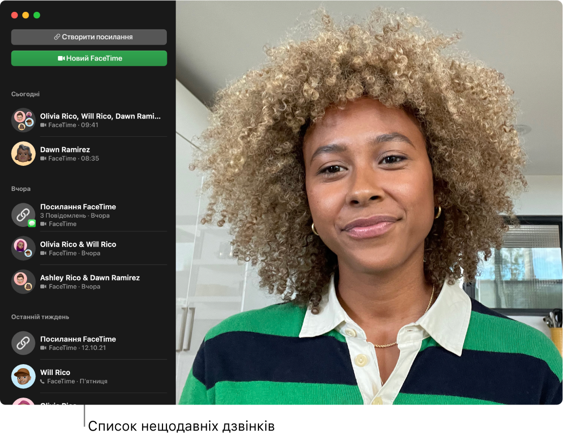 Вікно FaceTime, у якому показано, як почати відео- чи аудіовиклик, як скористатися вікном пошуку, щоб знайти потрібні контактні дані, і як переглянути список останніх викликів.