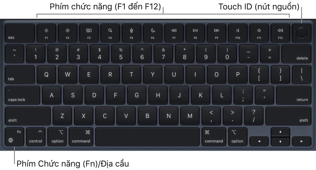 Bàn phím MacBook Air đang hiển thị hàng các phím chức năng và nút nguồn Touch ID ở trên cùng, cùng với phím Chức năng (Fn)/Địa cầu ở góc phía dưới bên trái.