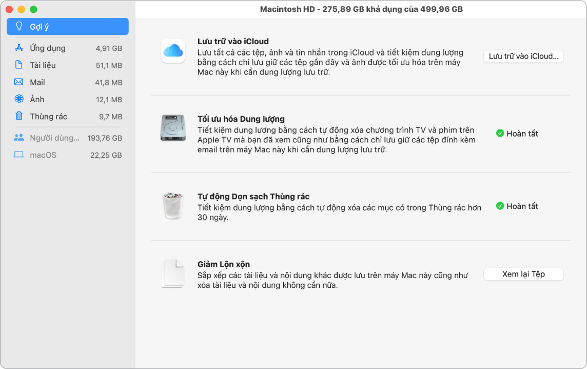 Các tùy chọn Gợi ý cho ổ lưu trữ, đang hiển thị các tùy chọn Lưu trữ vào iCloud, Tối ưu hóa dung lượng, Tự động xóa thùng rác và Giảm lộn xộn.
