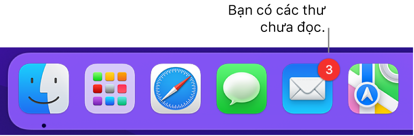 Một phần của Dock đang hiển thị biểu tượng ứng dụng Mail, với một biểu trưng cho biết số thư chưa đọc.