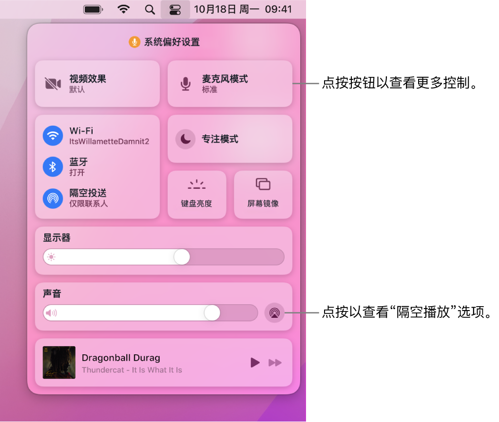 Mac 上“控制中心”的放大视图，标注了“显示器”按钮。