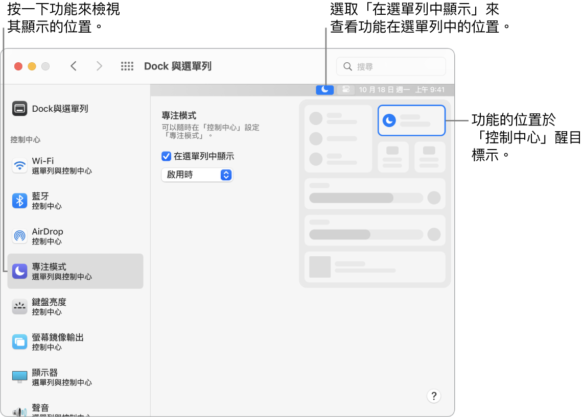 「Dock 與選單列」偏好設定視窗，顯示「專注模式」和選用設定及功能的結果。