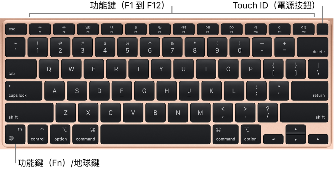 MacBook Air 鍵盤，橫跨最上方顯示一列功能鍵和Touch ID 電源按鈕，以及左下角的功能鍵（Fn）鍵。