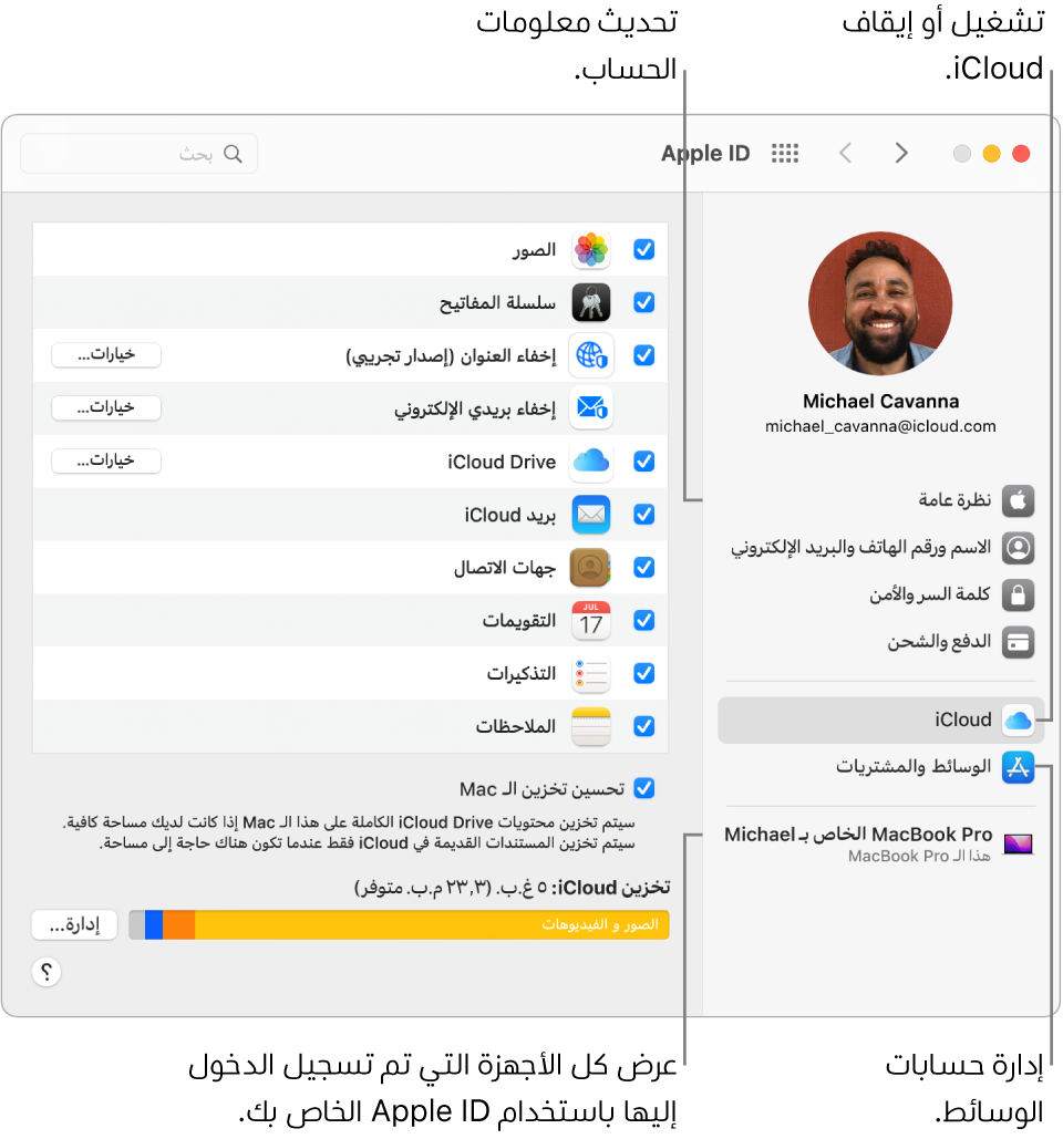 جزء Apple ID في تفضيلات النظام. انقر على عنصر في الشريط الجانبي لتحديث معلومات حسابك وتشغيل iCloud أو إيقافه أو إدارة حسابات الوسائط أو عرض جميع الأجهزة التي سجلت الدخول عليها باستخدام Apple ID.