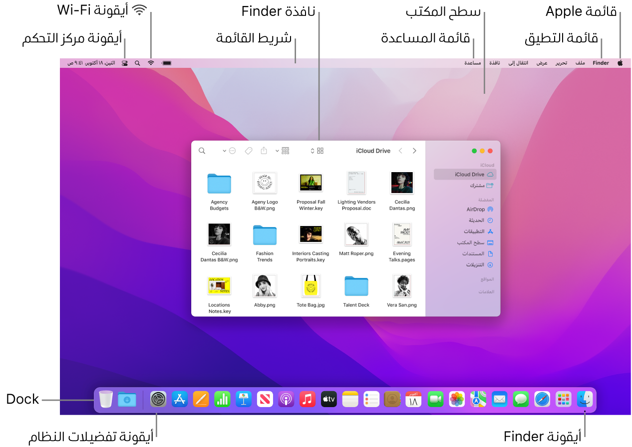 شاشة Mac تعرض قائمة Apple وسطح المكتب وقائمة المساعدة ونافذة Finder وشريط القائمة وأيقونة Wi-Fi وأيقونة مركز التحكم وأيقونة Finder وأيقونة تفضيلات النظام والـ Dock.