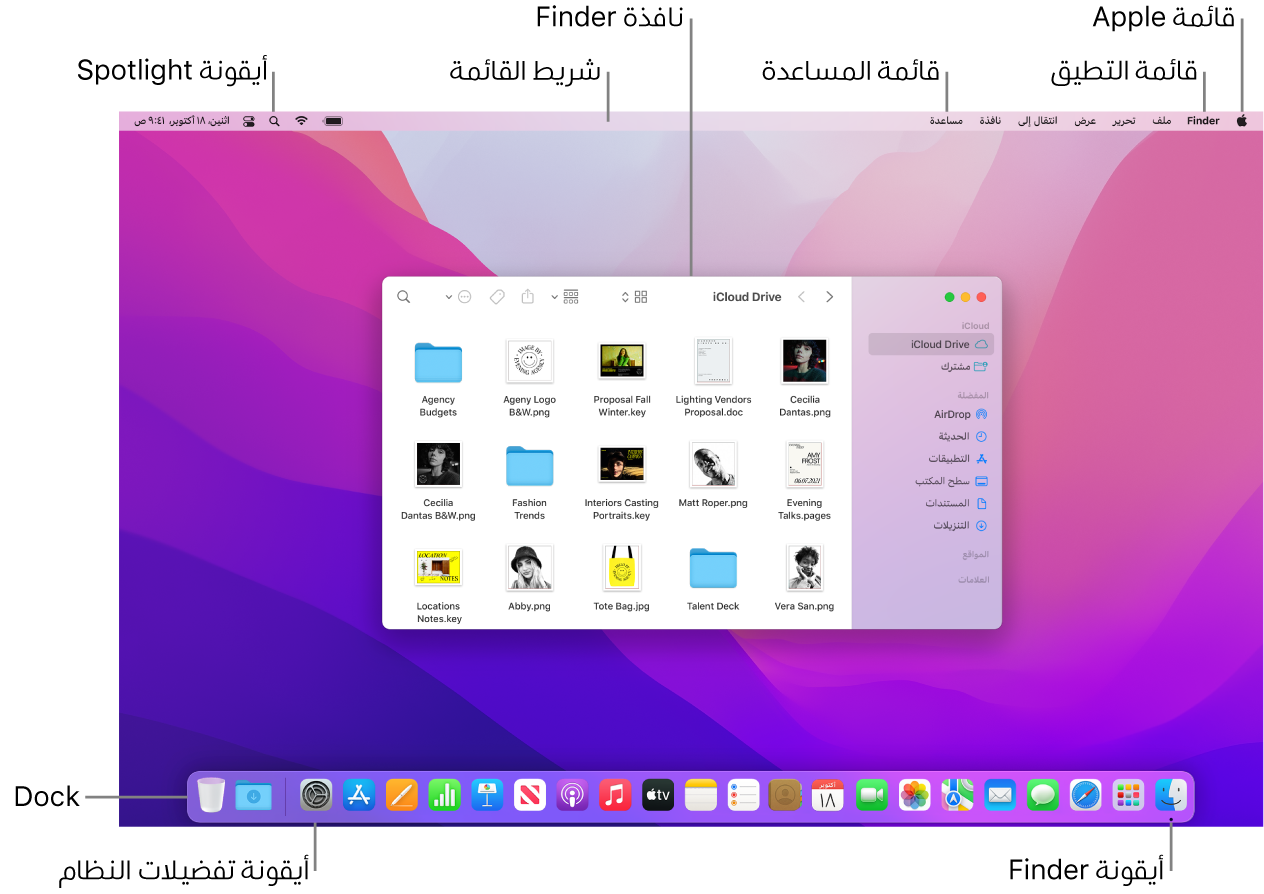 شاشة Mac تعرض قائمة Apple وقائمة المساعدة ونافذة Finder وشريط القائمة وأيقونة Spotlight وأيقونة Finder وأيقونة تفضيلات النظام و Dock.