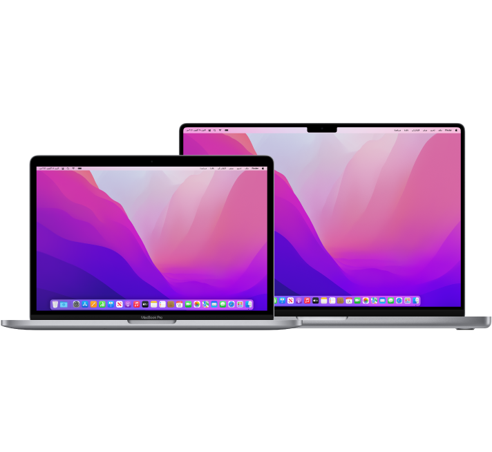 كمبيوتر MacBook Pro ١٣ بوصة أمام كمبيوتر MacBook Pro ١٦ بوصة.