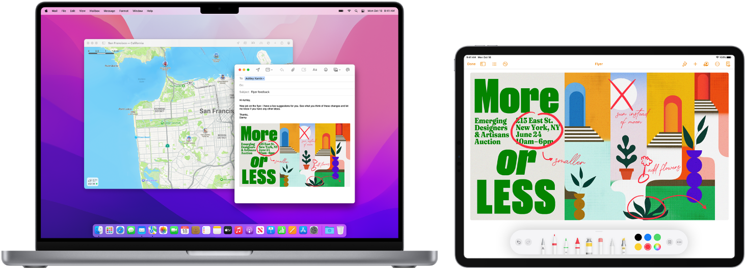 Един до друг са показани един MacBook Pro и един iPad. Екранът на iPad показва брошура с анотации. Екранът, използван от MacBook Pro, има отворено съобщение от Mail (Поща) с прикачен файл брошурата с анотациите от iPad.