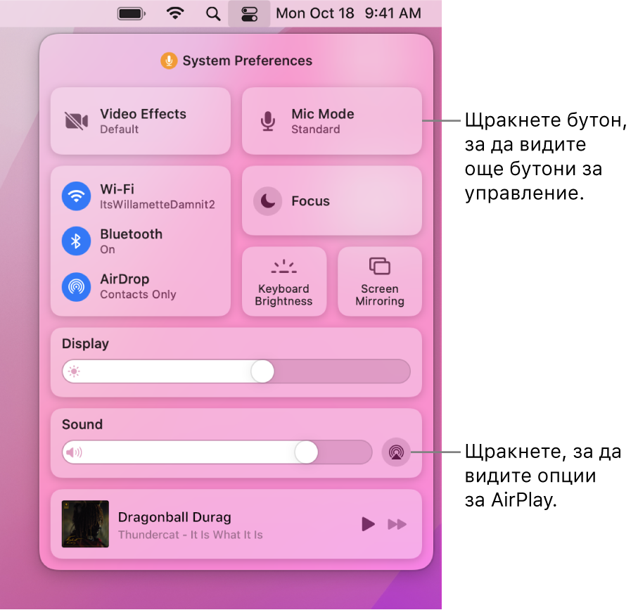 Увеличен преглед на Контролен център на вашия Mac с надпис за бутона Display (Екран).