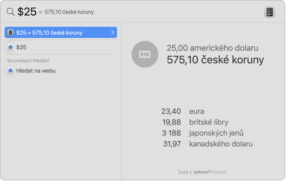 Snímek obrazovky s převodem částky v dolarech na pesos, který se zobrazuje v řádku nejlepšího výsledku, a s několika dalšími vybranými výsledky pod ním