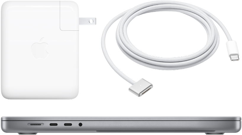 Boční pohled na 16palcový MacBook Pro s dodávaným příslušenstvím