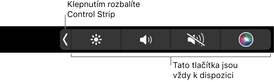 Část obrazovky s výchozím Touch Barem zobrazujícím sbalený Control Strip Klepnutím na rozbalovací tlačítko zobrazíte celý Control Strip