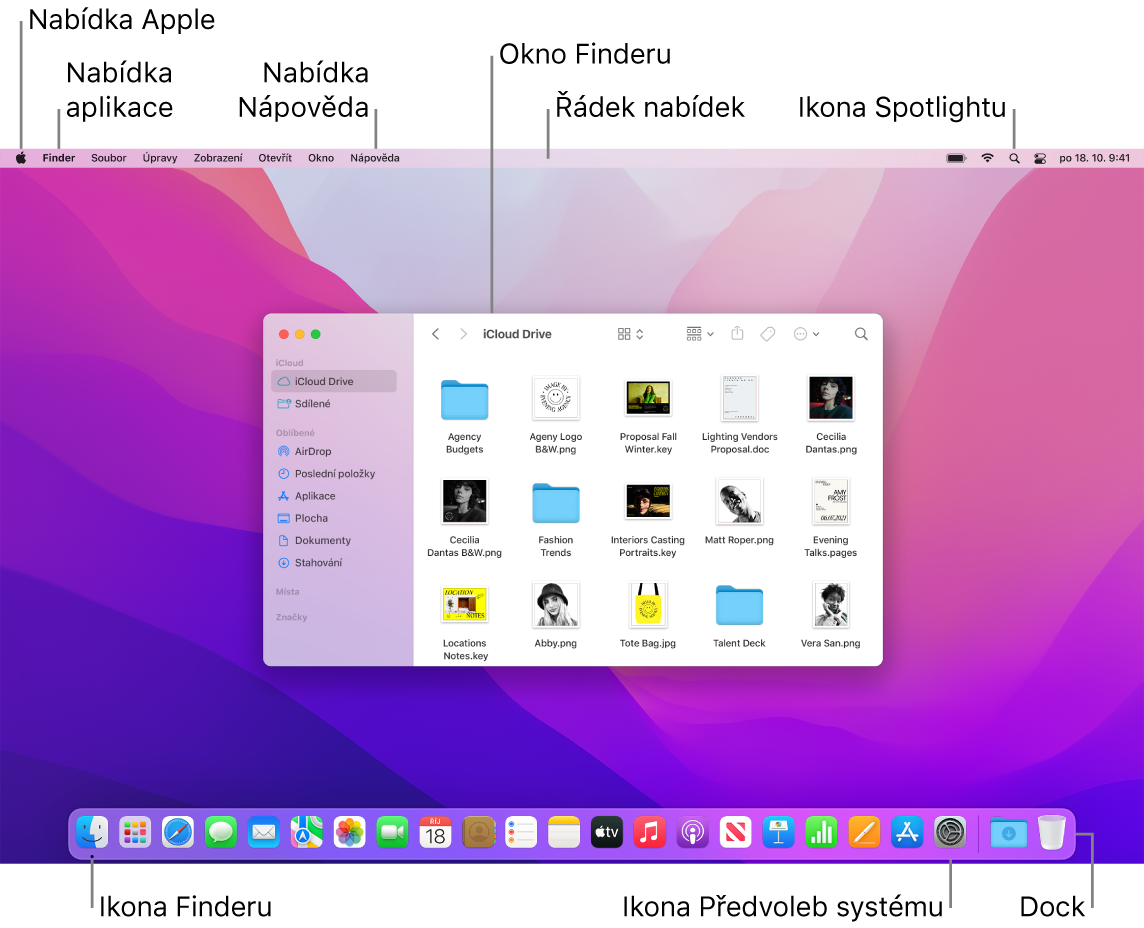 Obrazovka Macu zobrazující nabídku Apple; nabídka Apple, nabídka Nápověda, okno Finderu, řádek nabídek, ikona Spotlightu, ikona Finderu, ikona předvoleb systému a Dock