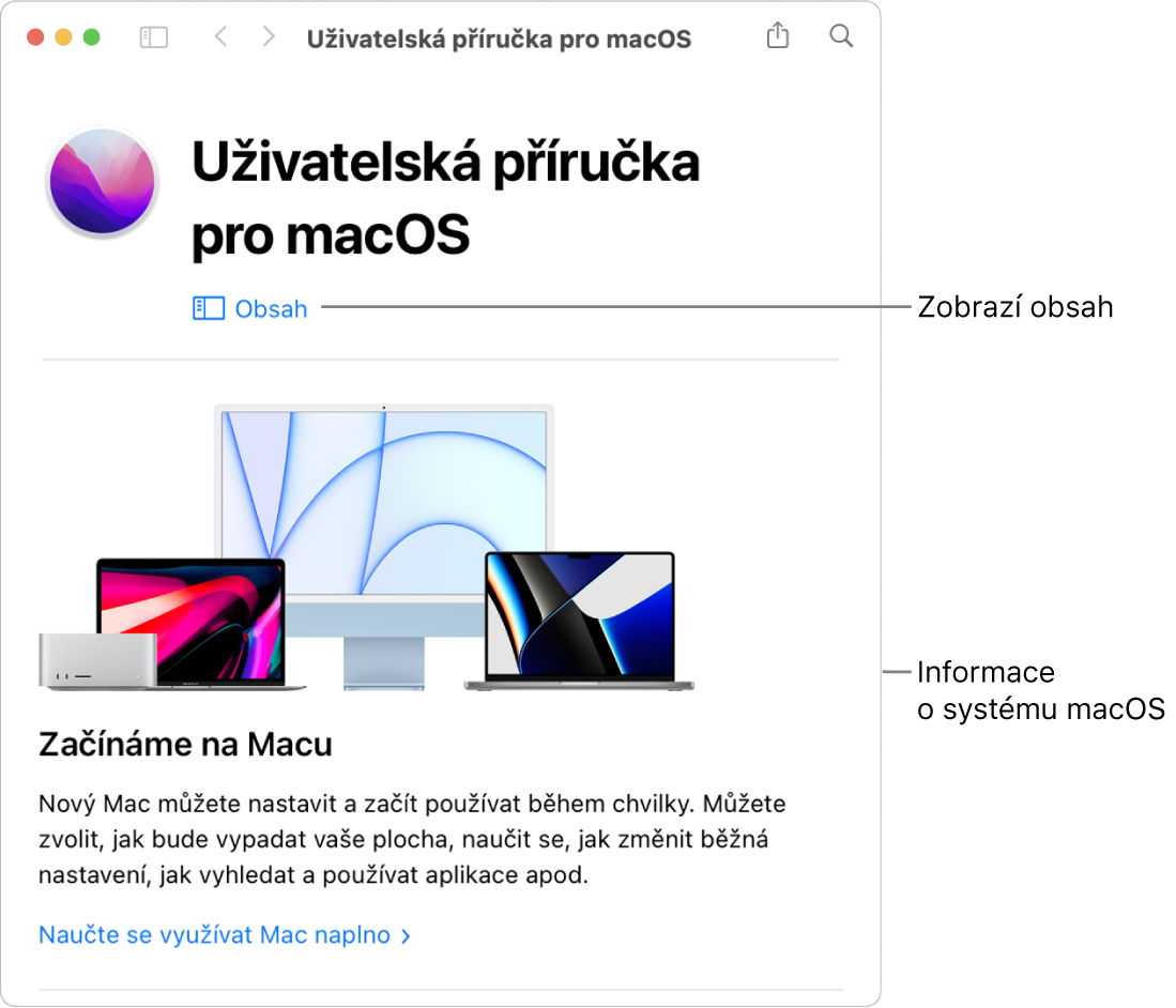 Úvodní stránka Uživatelské příručky pro macOS s odkazem na obsah
