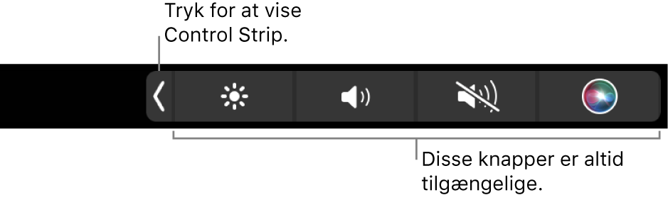 Et billede af en del af en Touch Bar (standard), som viser den lukkede Control Strip. Tryk på udvidknappen for at se hele Control Strip.