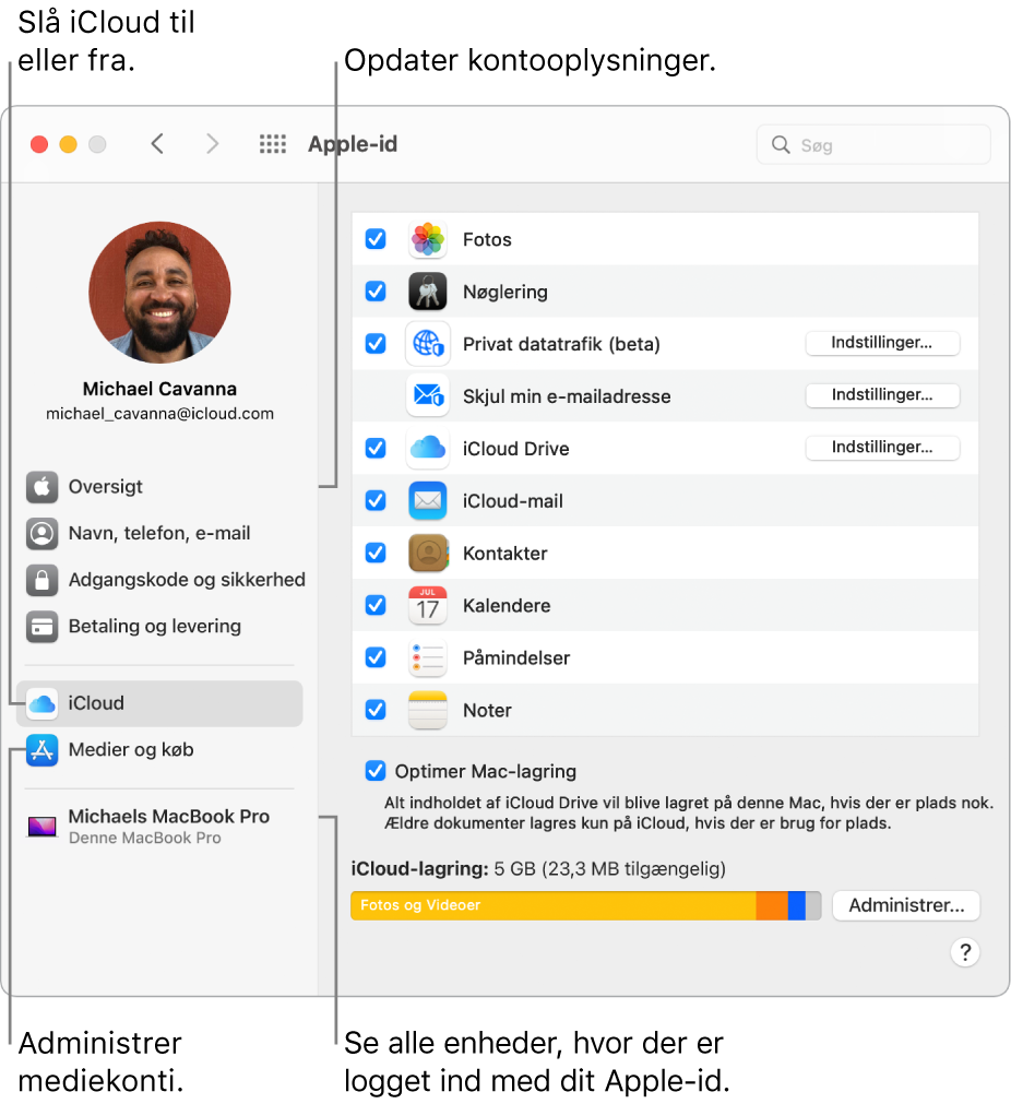 Vinduet Apple-id i Systemindstillinger. Klik på et emne i indholdsoversigten for at opdatere dine kontooplysninger, slå iCloud til eller fra, administrere mediekonti eller se alle enheder, der er logget ind med dit Apple-id.