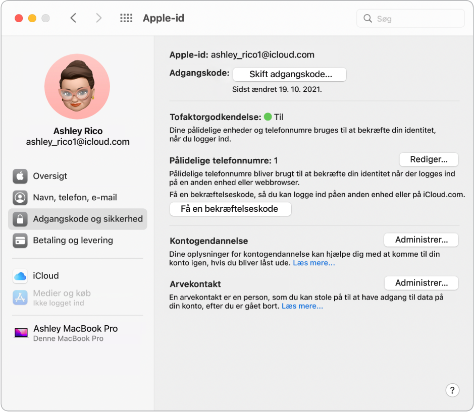 Afsnittet Adgangskode og sikkerhed i Apple-id i Systemindstillinger. Klik på Administrer for at indstille Kontogendannelse.