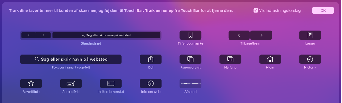 Indstillingerne for tilpasning af Safari, som kan trækkes til Touch Bar.